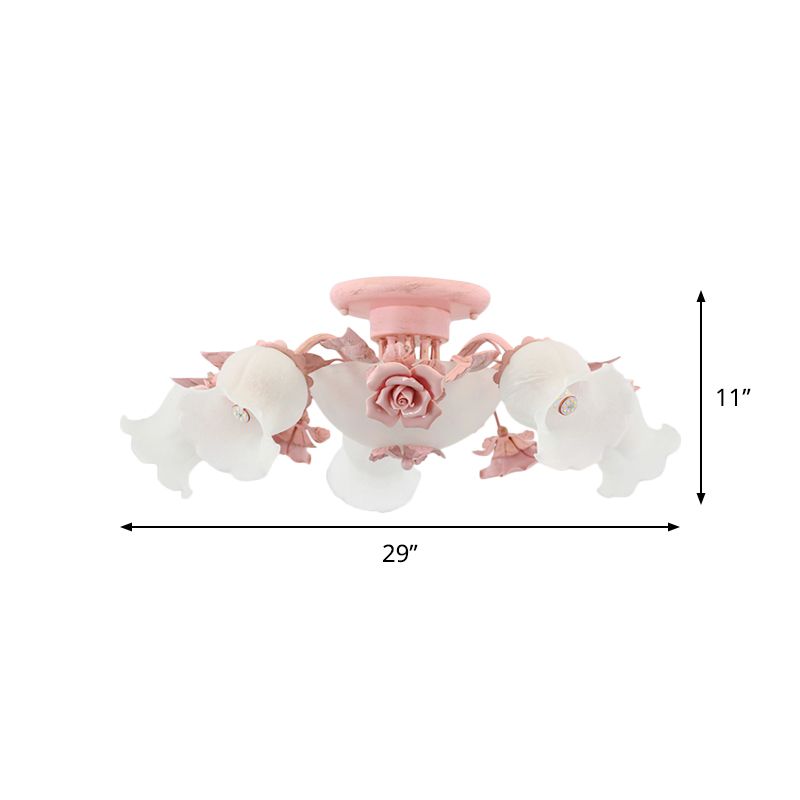 Rose Blossom Bedroom Flush Chandelier Pastoral Frosted Glass 7/11-Head Pink Ceiling Mount Light