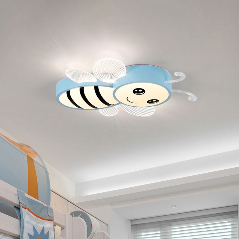 Bee Flush Mount Fixture Kids Plastic Pink/Yellow/Blue LED Close to Ceiling Lamp for Children Bedroom