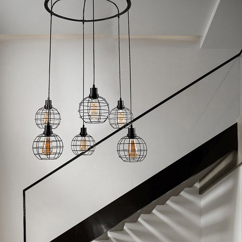 Industrial Style Global Hanging Lamp 6 Bulbs Metallic Suspended Light with Wire Cage Shade in Black
