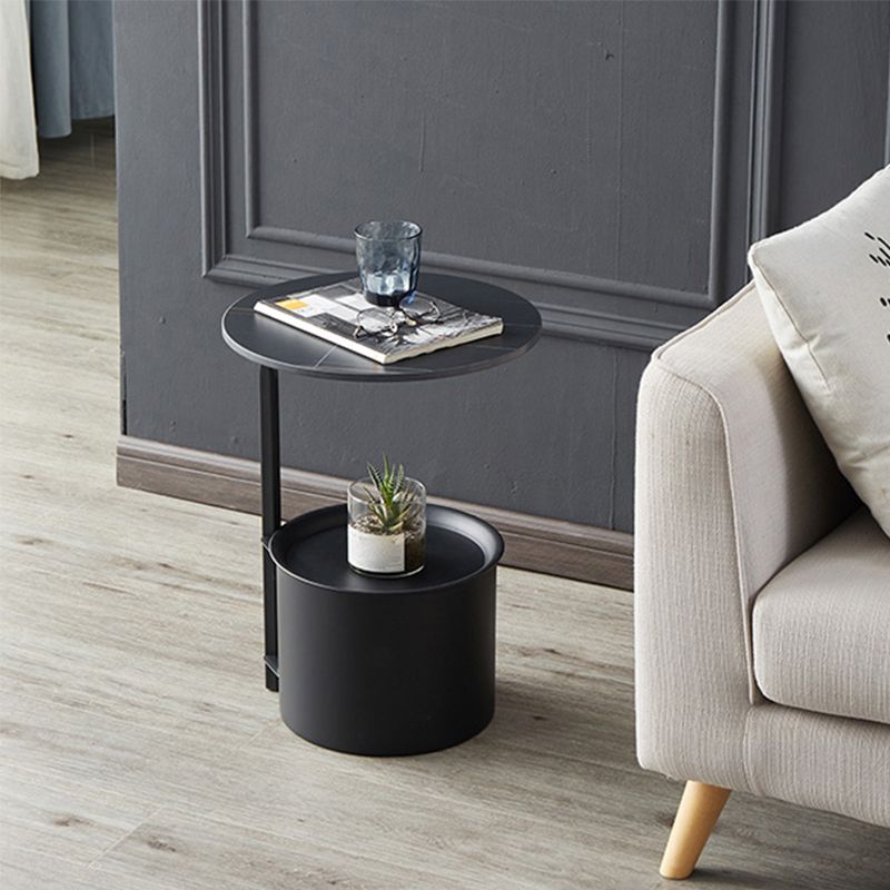 Modern Round Slate/ Iron Top Side Table 22" Tall Abstract End Table with Storage