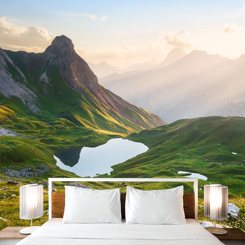 Mountain Puddle Scenery Wall Mural Modern Smooth Wall Covering in Green for Living Room