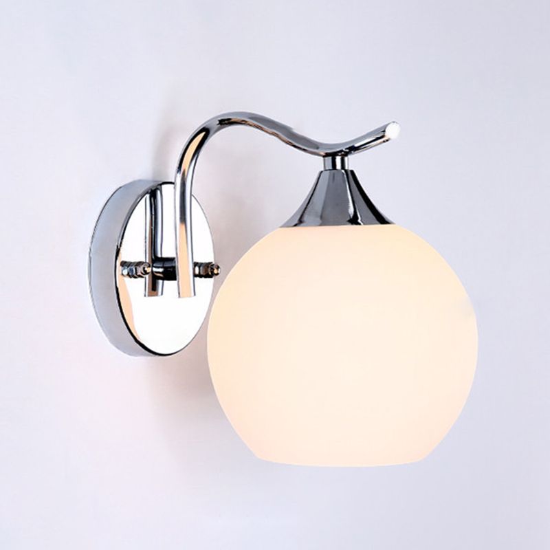 Milk White Globe Glass Wall Lamp Contemporary Simplicity Style Single Bulb Sconce Lighting Fixture in Polished Silver