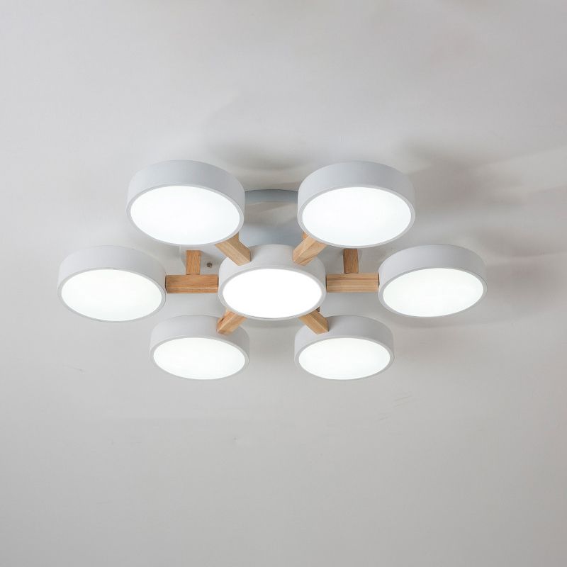 Lámpara de techo minimalista de acrílico con iluminación semimontaje redonda para sala de estar con brazo de madera