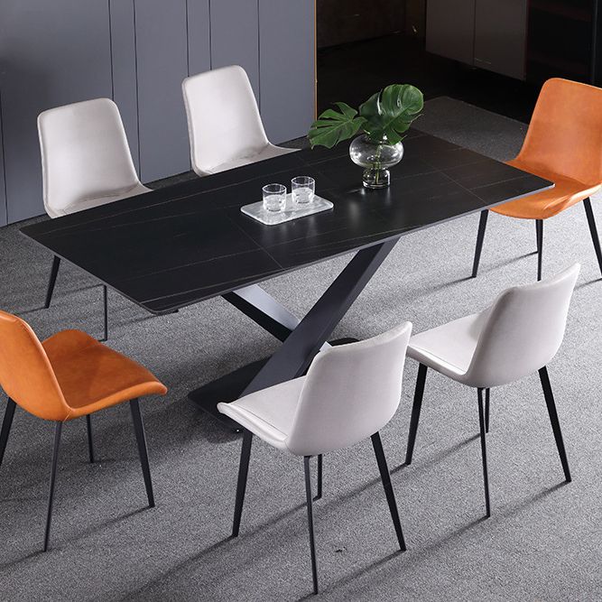 Stone Top Dining Table Modern Rectangle Table with Metal Base in Black