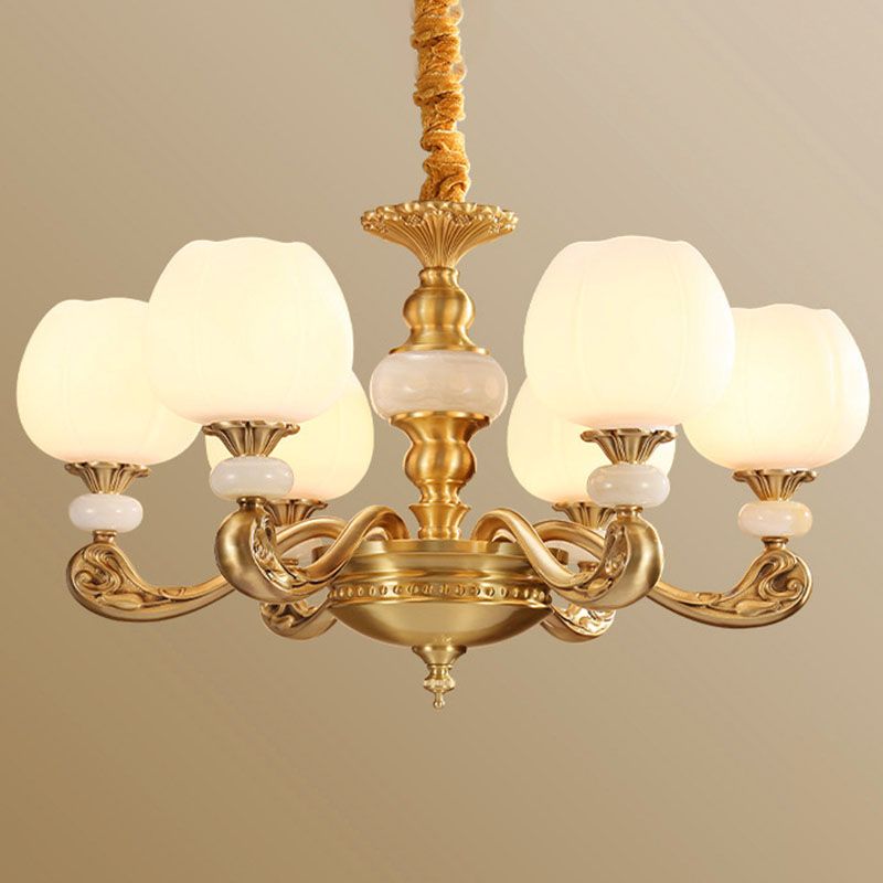 Opalglas Knospenanhänger Kronleuchter moderner Messing -Federbeleuchtung mit gebogenem Arm