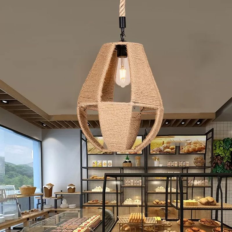 Teardrop handgewebte Seil Anhänger Light Bauernhaus 1-Licht-Bistro ausgehöhltes Design Hanging Lampe in Braun