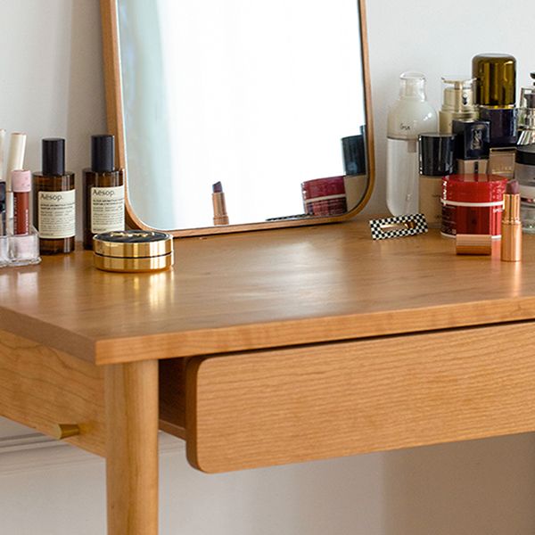 Natural Solid Wood Standing Mirror 1 Drawer Makeup Vanity Desk Table