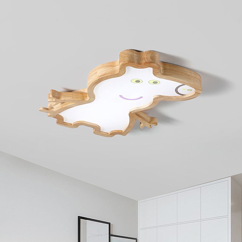 Cartoon Pig Shape Ceiling Mounted Lamp Wood LED Kids Room Flush Light Fixture in White/Warm Light