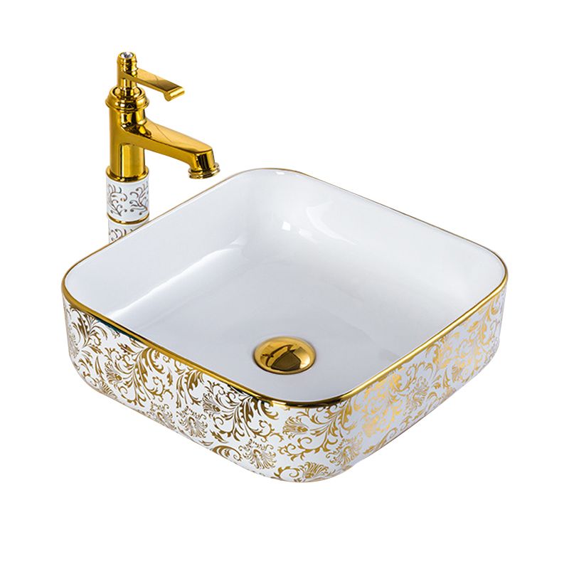 Modern Bathroom Sink Porcelain Round Hand Painted with Overflow and Faucet Wash Stand