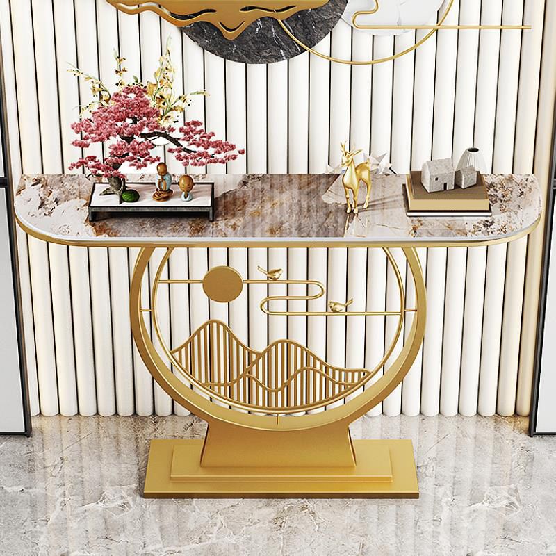 Glam Stone Console Sofa Table Half Moon Iron Accent Table for Hall