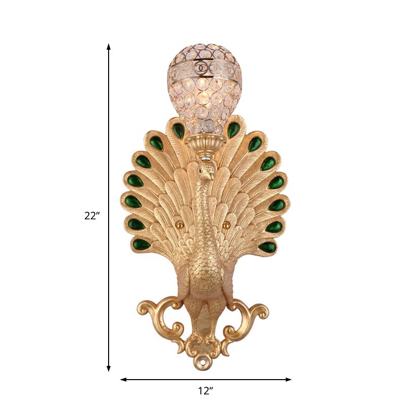 Golden Peacock Wall Lightture Motorst Resin 1 Light Mur Murce Wall avec Crystal Bowl Shade For Bedside