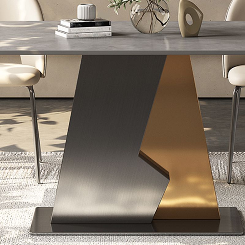 Industrial Sintered Stone Dining Table in Grey Rectangle Dining Table with Pedestal Base