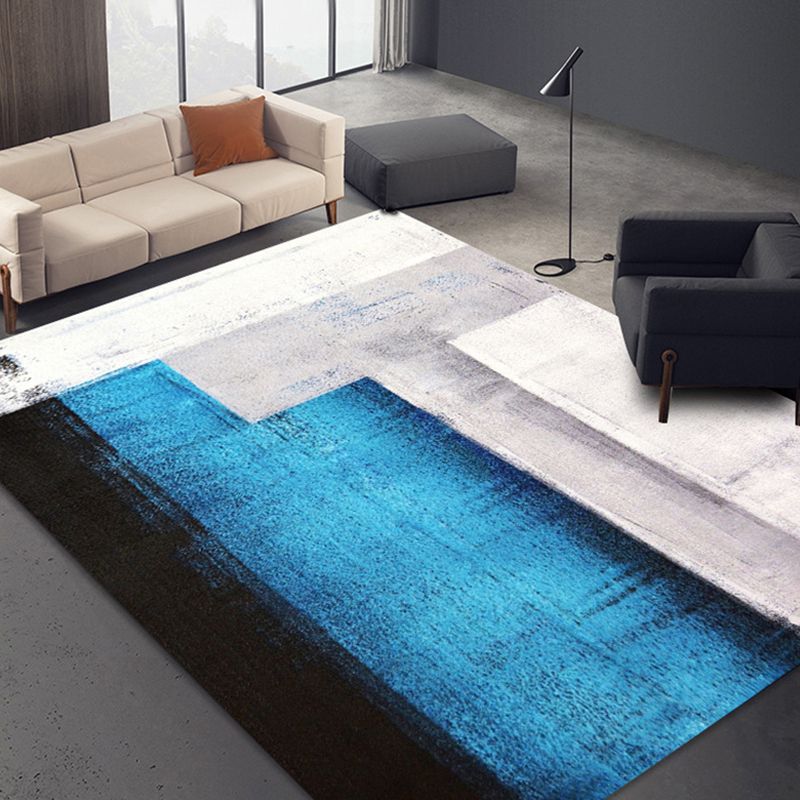 Modern Blue Carpet Color-Blocked Polyester Area Rug Anti-Slip Backing Rug for Living Room