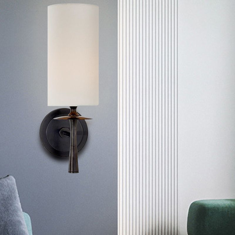 Black/Brass 1 Head Wall Mount Light Traditional Fabric Cylinder Shade Sconce Light for Living Room