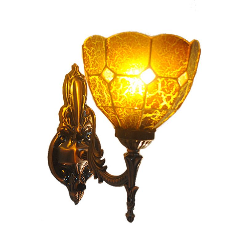 Dome Stained Glass Sconce Light Fixture Tiffany Style 1 Lights Blue/Gold/Tan Wall Lamp for Bedroom