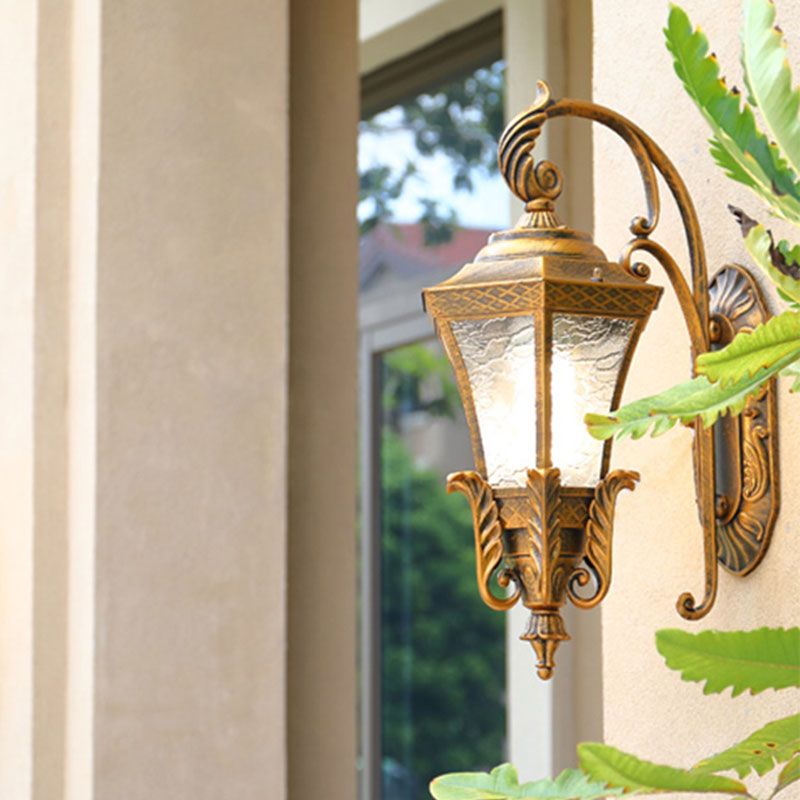 Lampada da parete per esterni a 1 luce esagonale in alluminio con montaggio a parete, retro, con paralume in vetro strutturato