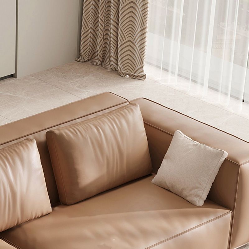 Brown Genuine Leather Square Arm Sofa Modern Style for Bonus Room