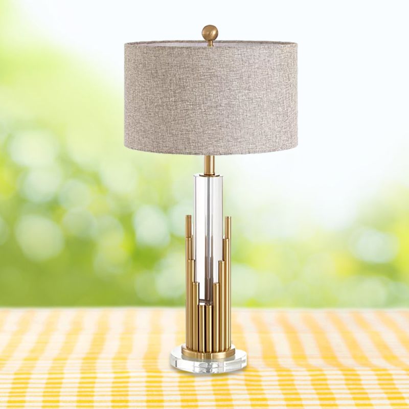 Round Shade Fabric Night Light Modernist 1 Head Flaxen Table Lamp with Gold Fluted Base