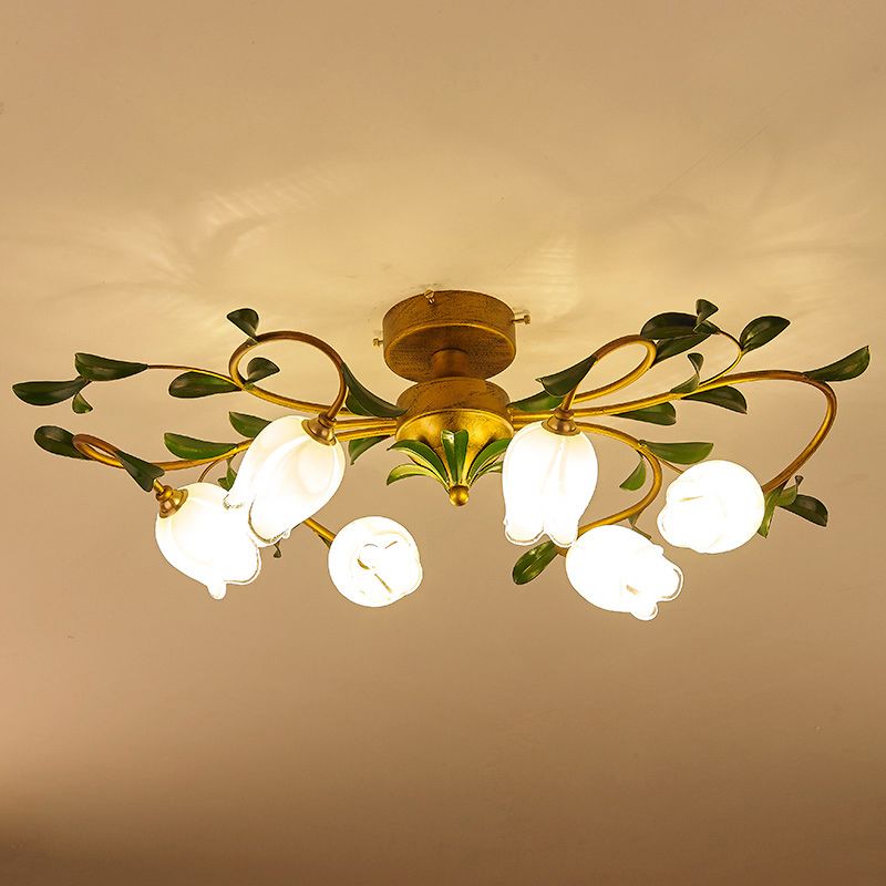 Melograno a 6 teste Floro Floro Flount Pastoral Glass Semi Flush Mount Affermazione Luce per sala da pranzo
