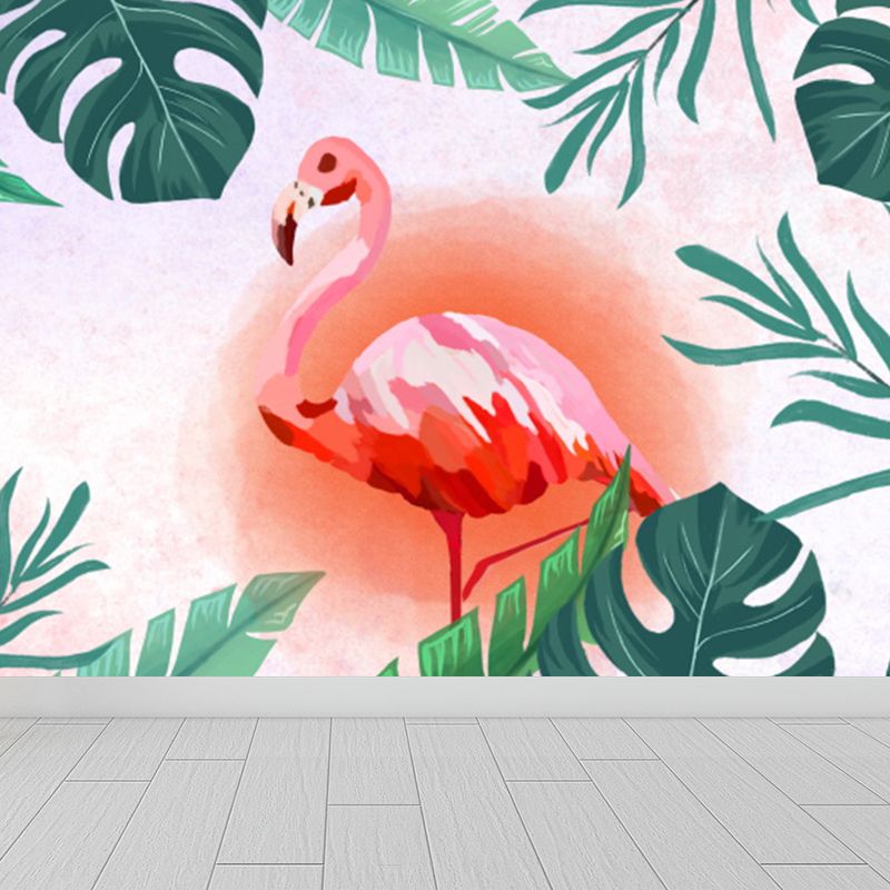 Tropical Leaves and Flamingo Mural Decal Red Dining Room Wall Covering, Personalized