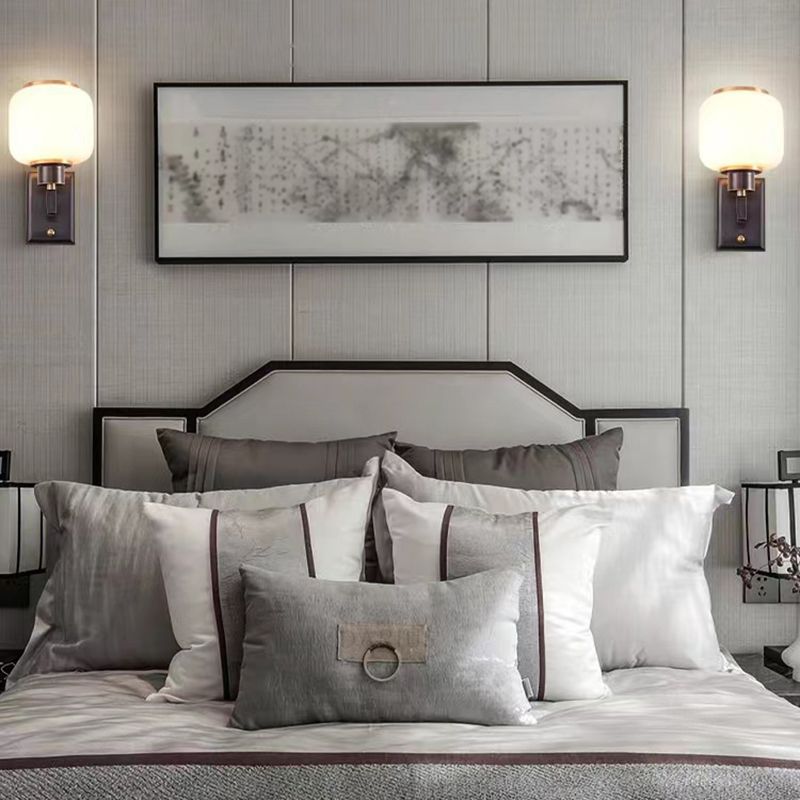 Modern Metal Wall Sconce Lantern Shape Wall Light with Glass Shade for Bedroom