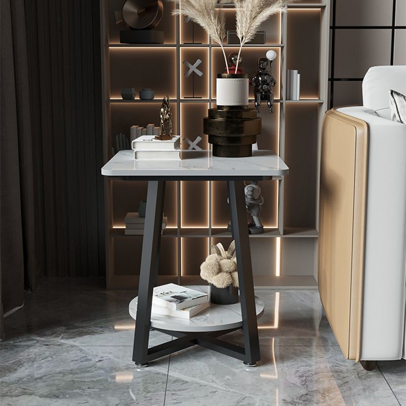 Cross Legs Square Side Table 21.65" Tall Stone End Table with Shelf