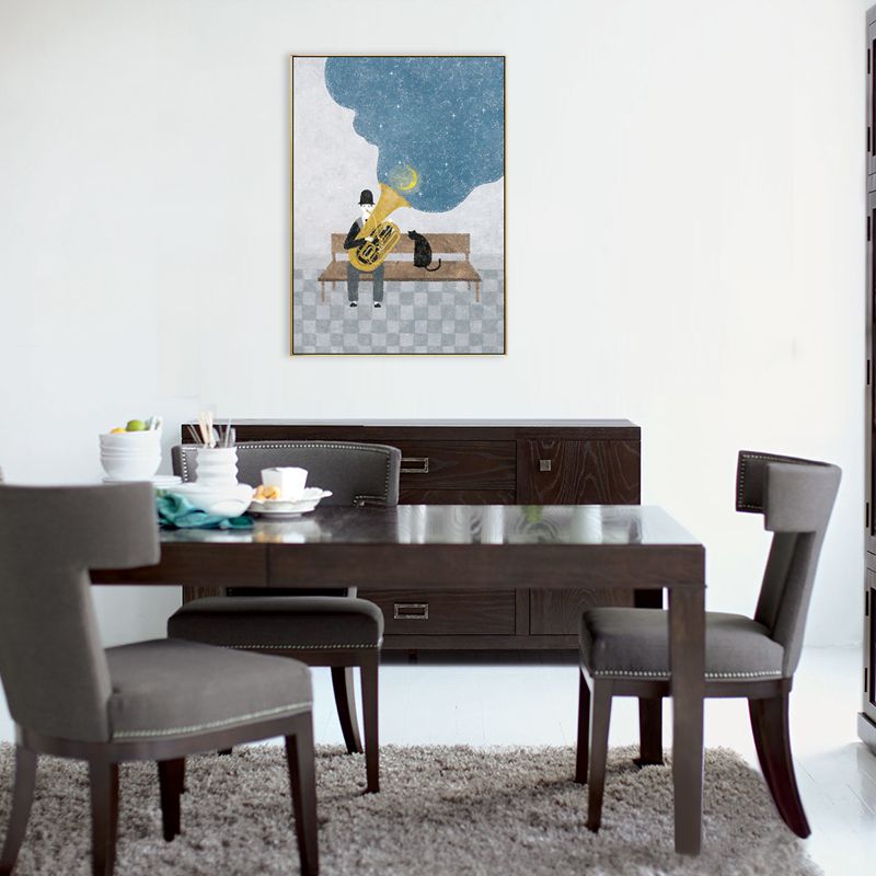 Childrens Art Musical Canvas Print Blue Gentleman Playing Trumpet with His Cat at Night Wall Decor