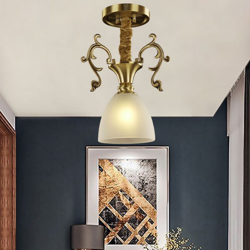 Brass 1 Head Hanging Lighting Colonial White Frosted Glass Bowl/Dome/Trapezoid Ceiling Suspension Lamp for Porch