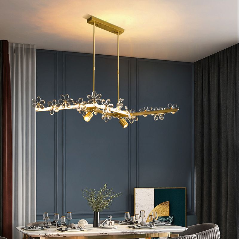 Floral Crystal Linear Island Light Postmodern Gold LED Pendant Light for Dining Room