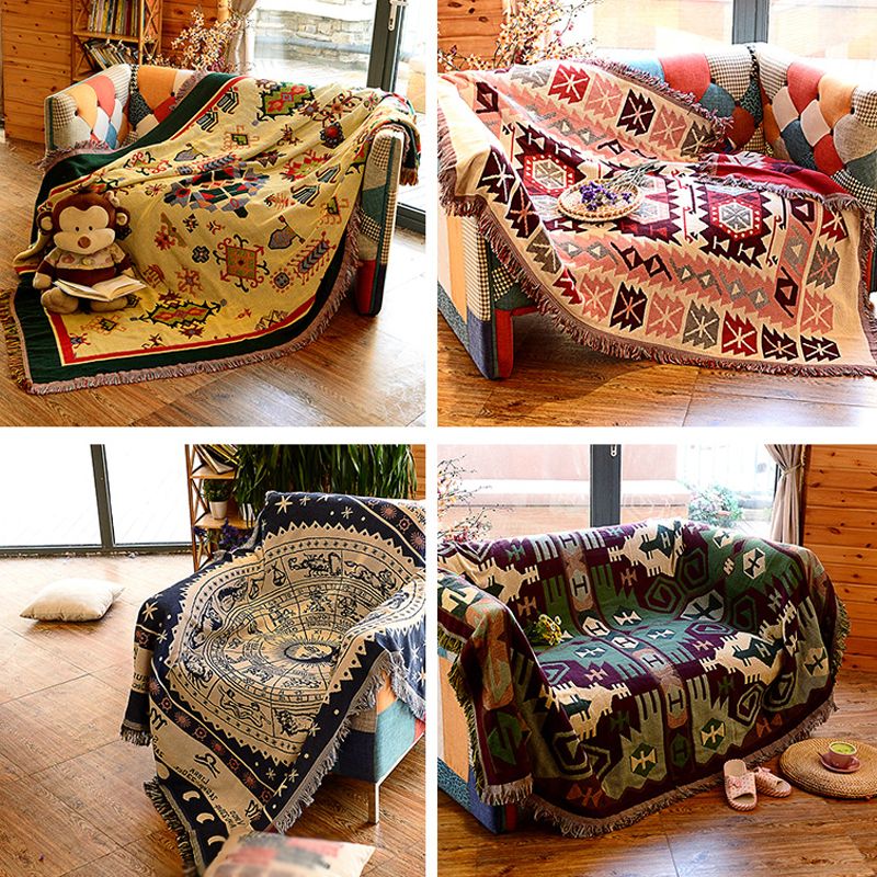 Multicolor Woven Geometric Pattern Rug Cotton Bohemian Rug Washable Pet-Friendly Carpet for Room