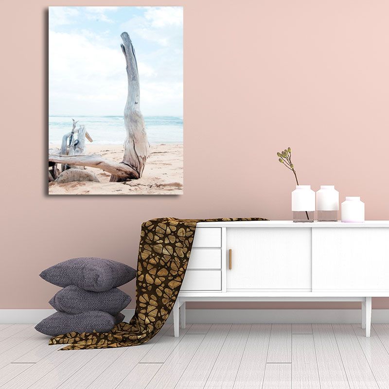 Beach Bare Trunk Seascape Canvas Print Tropics Textured Wall Art in Light Blue