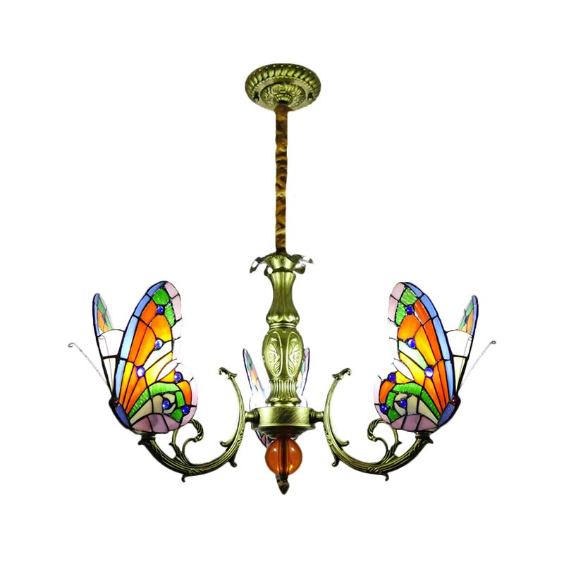 Butfly Taching Tloord Chandelier Lampe Tiffany 3/5 Bulbes Orange / Jaune et Green Suspension Lumière pour chambre à coucher