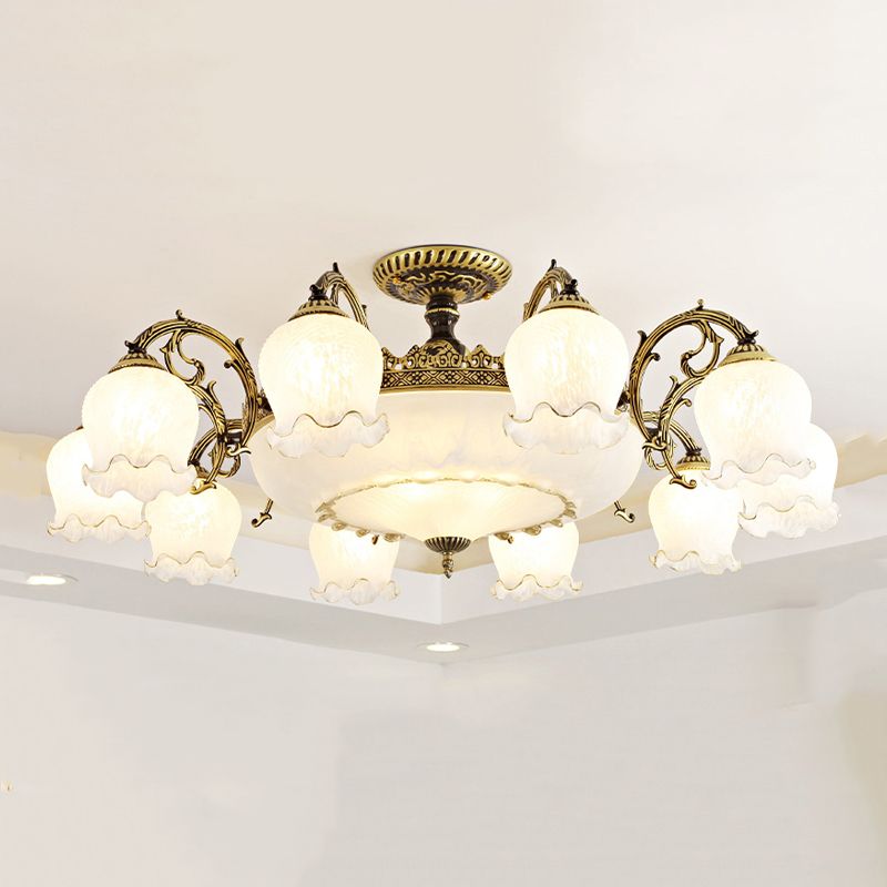 Lámpara semi rascilla de múltiples cabezas iluminación de techo de dormitorio tradicional con sombra de vidrio de flores