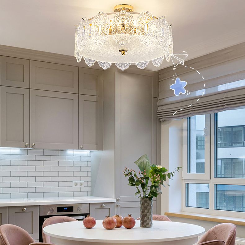 Trommel slaapkamer semi-flush lamp traditionele multi-head gouden plafondverlichting met glazen schaduw