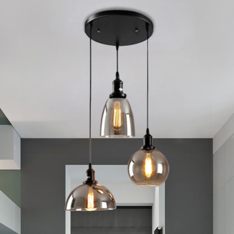 Luci 3/4 nere a sospeso a sospeso industriale Smoked Glass geometrico cluster cluster, baldacchino lineare/rotondo