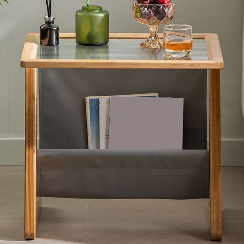 Modern Rectangle Glass Top Side Table Wood Abstract base End Table with Magazine Holder