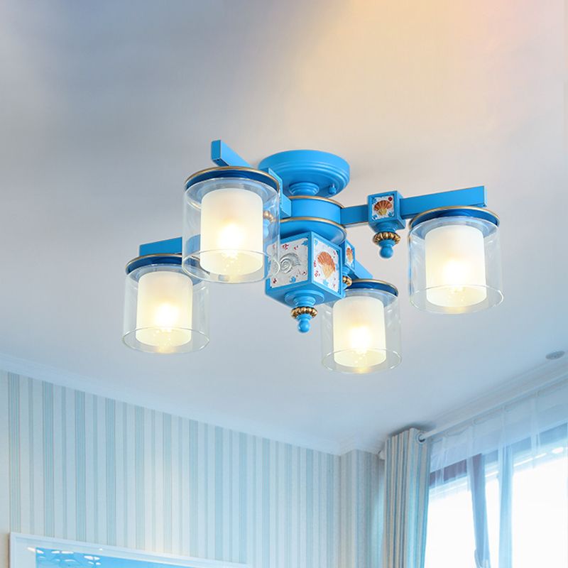 4 Heads Playroom Semi Flush Chandelier Coastal Blue Ceiling Lamp with Dual Cylinder Clear and Opaline Glass Shade