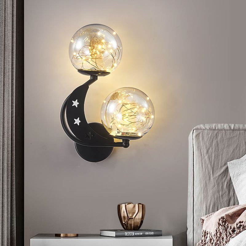 Modern Creative LED Wall Sconce Wrought Iron Globe Wall Lamp with Clear Glass Shade