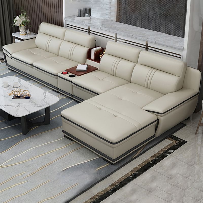 Tufted Pillow Top Arm Sectional Modernism Beige Genuine Leather Sofa&chaise