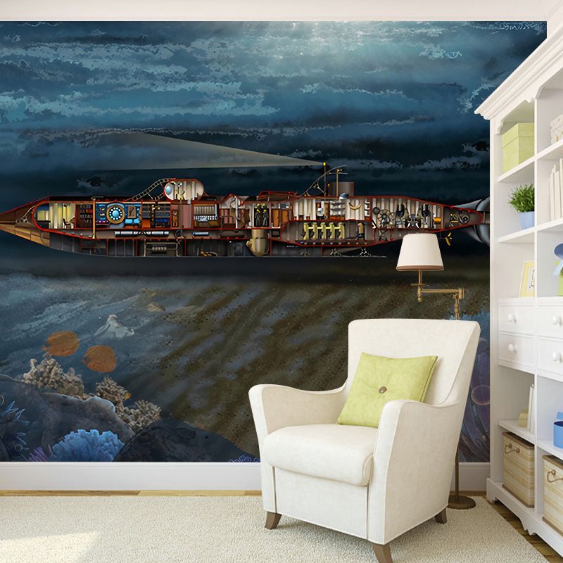 Childrens Art Submarine Wallpaper Murals for Boys Bedroom Personalized Wall Covering in Dark Color