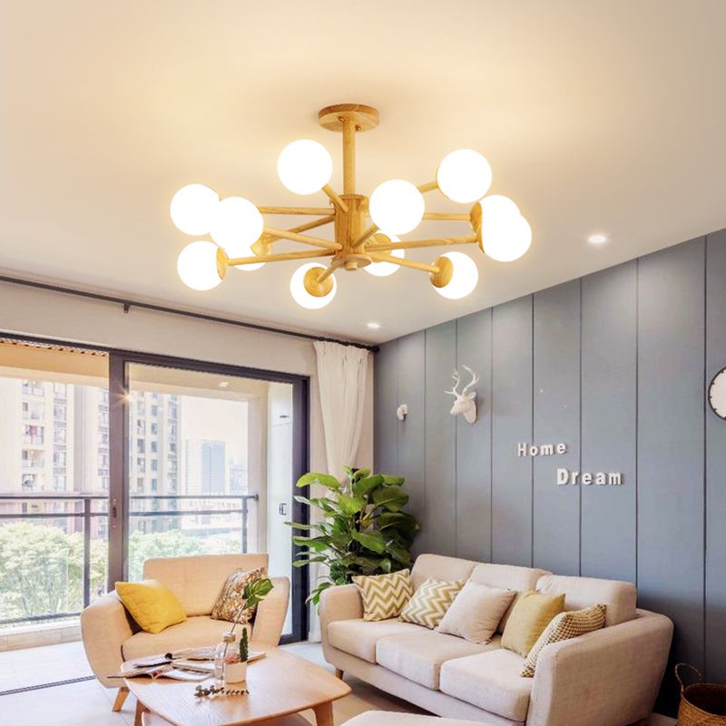 Beige Chandelier Light Fixtures Modern Multi-Head Hanging Pendant Lamps with White Glass Shade