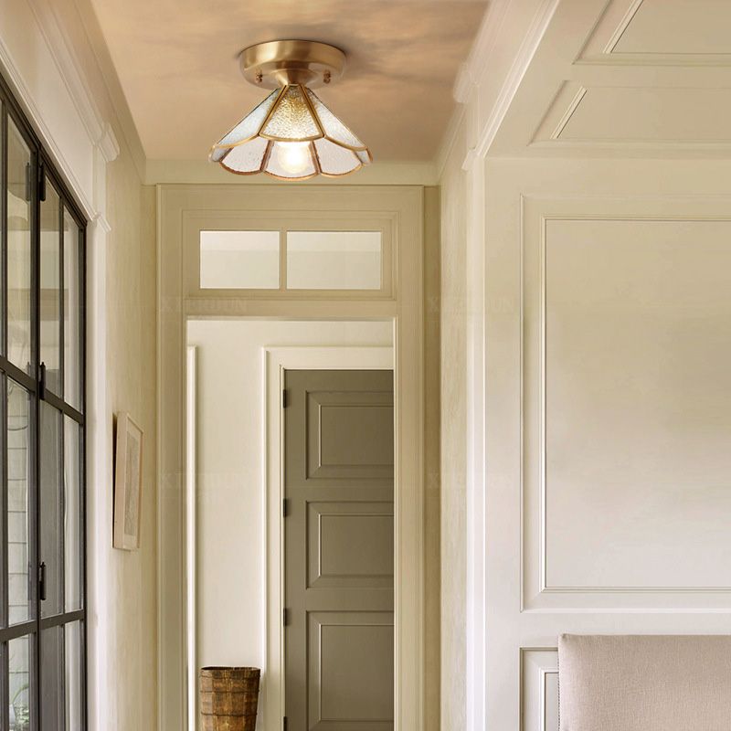 Lámpara de montaje en techo de vidrio, lámpara montada en techo de pasillo festoneado dorado minimalista