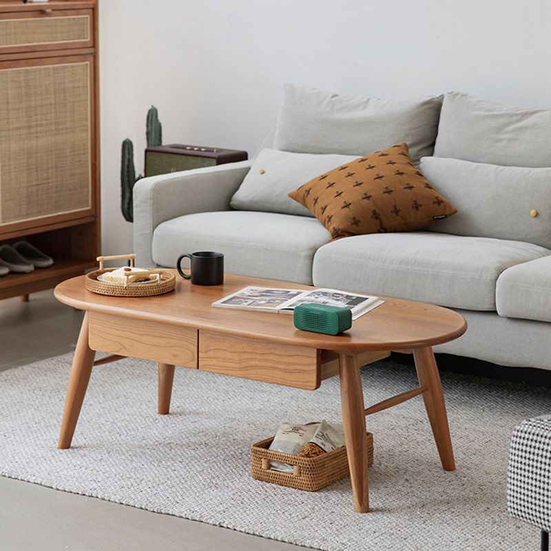 4 Legs Coffee Table Solid Wood Cocktail Table with 2 Storage Drawers