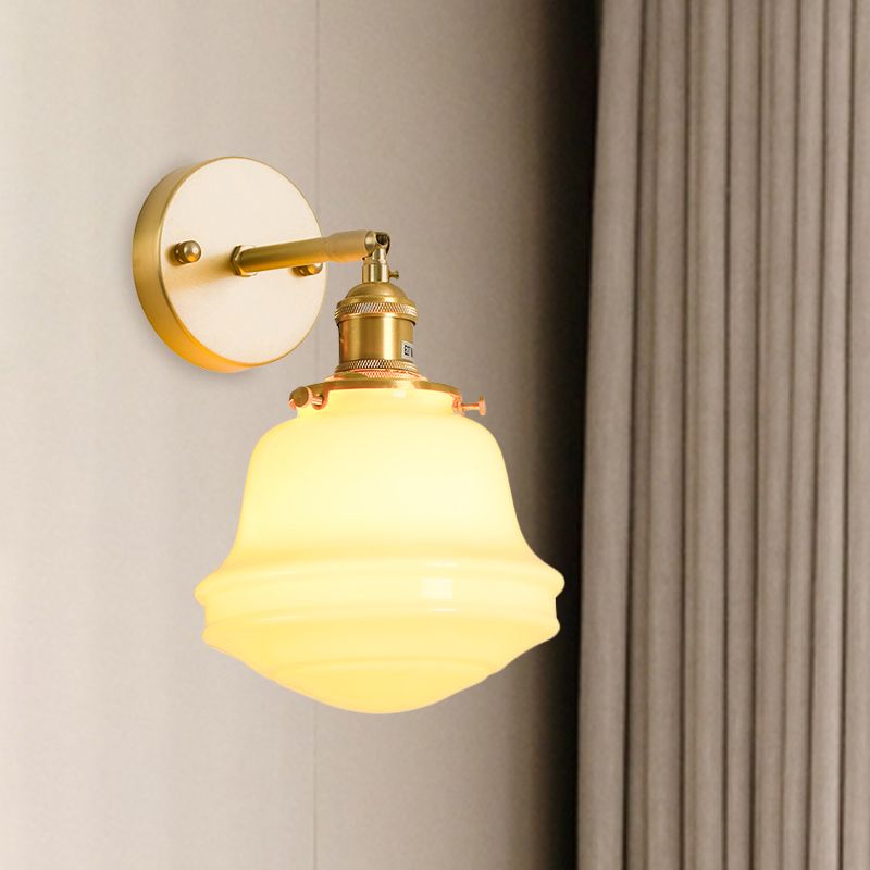 Milky Glass Bell Sconce Lighting Colonialist 1 Bulb Bedroom Wall Mounted Light in Gold with Cord/Straight Arm
