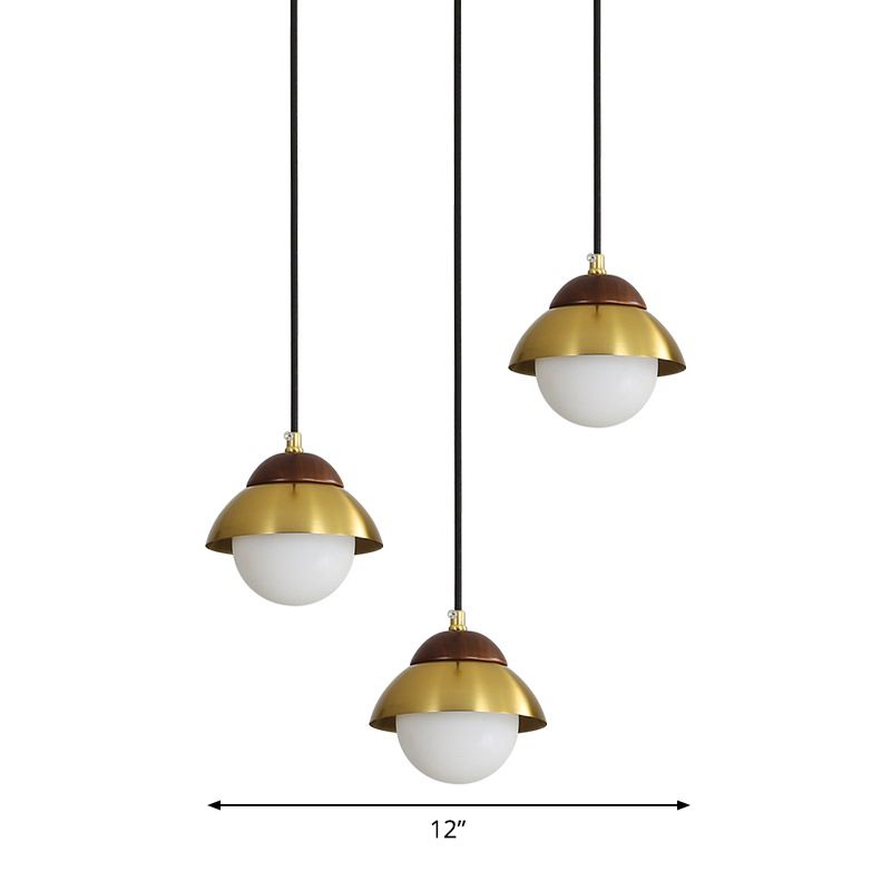 Metal Dome Multiple Lamp Pendant Simplicity 3-Bulb 12"/23.5" Width Brass Hanging Light Kit with Ball Opal Glass Shade
