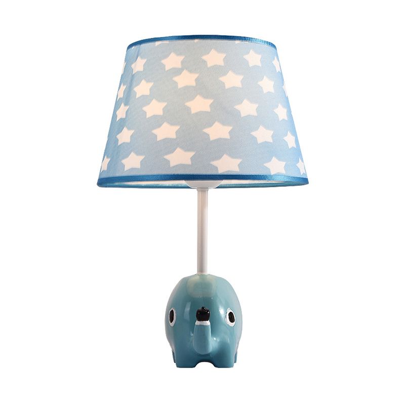 Luz de mesa de mesa de dibujos animados Lámpara de noche de tela de niños de 1 luces con elefante de resina en azul