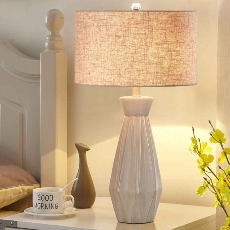 Beige/White 1 Head Night Table Lamp Rustic Fabric Drum Shade Nightstand Light for Bedside