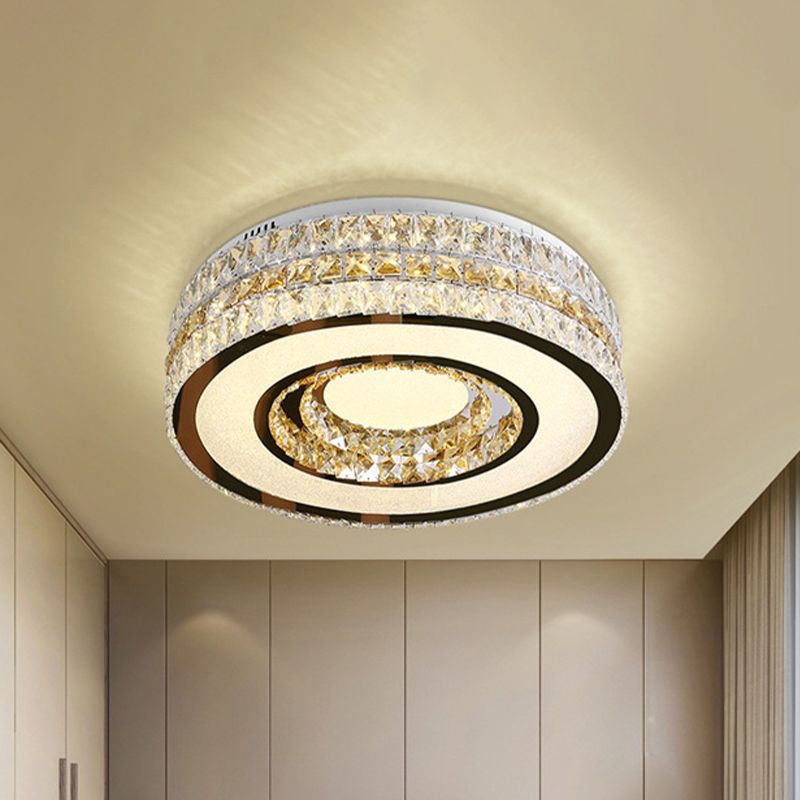Inserted Crystal Nickel Flushount Drum LED Minimalist Close to Ceiling Lamp for Bedroom