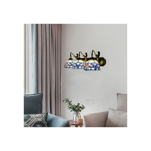 Dome Wall Mounted Light Mediterranean Blue-Pink Glass 3 Head Living Room Sconce Light