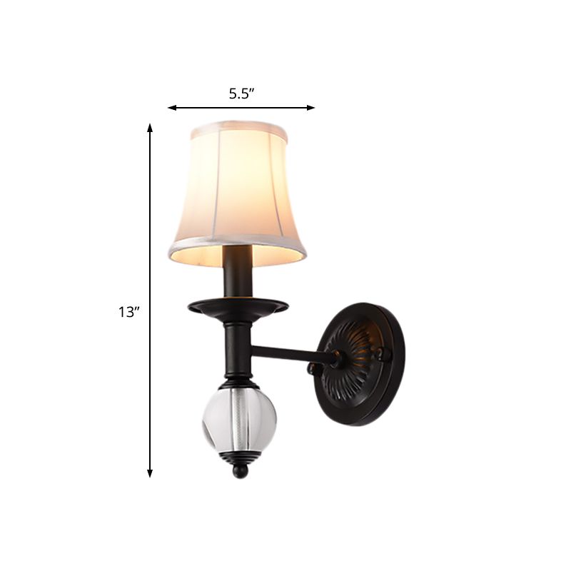 White Fabric Bell Wall Sconce Contemporary 1 Light Wall Lamp with Crystal Ball and Straight Arm in Black